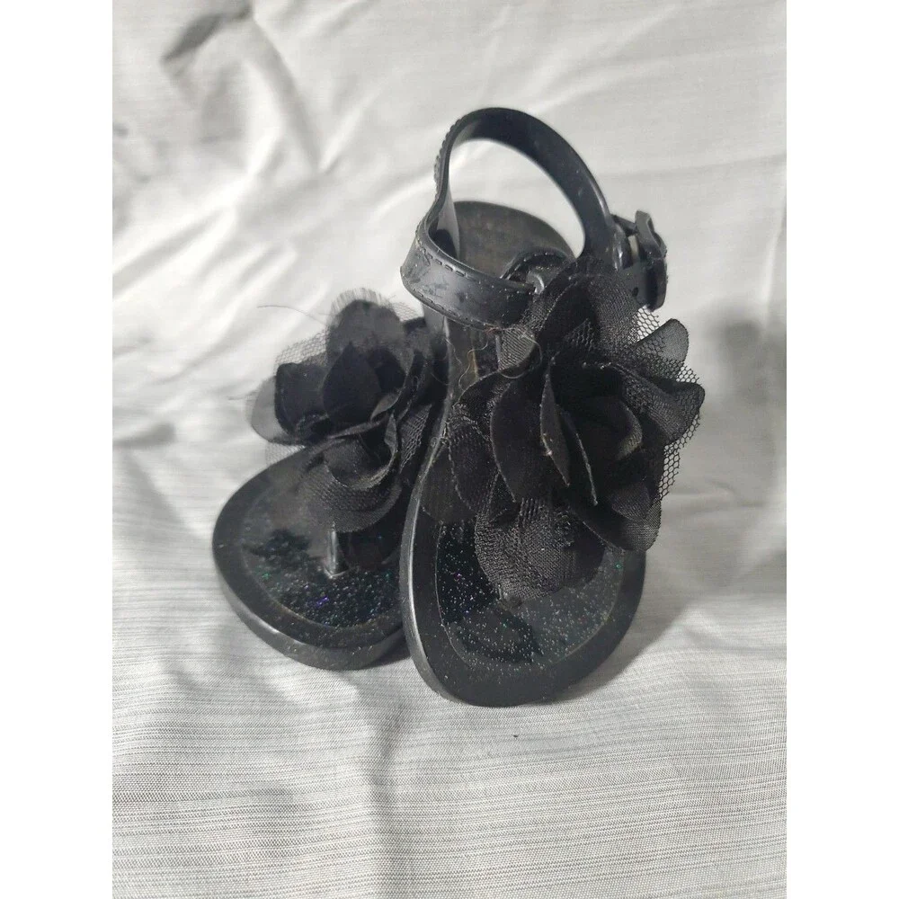 Baby Girl Black Jelly Sandals‎ W/Flower (Size 3) Spring/Summer/Easter/Beach - Picture 2 of 16
